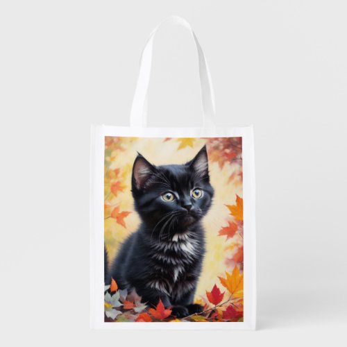 Black Kitten Autumn Scene Grocery Bag