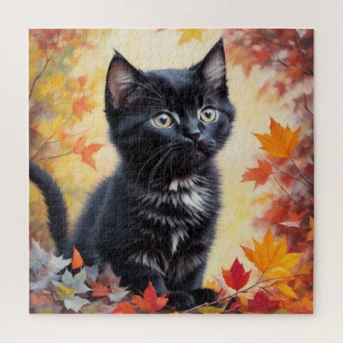 Black Kitten Autumn Scene Jigsaw Puzzle