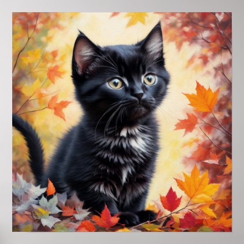Black Kitten Autumn Scene Poster