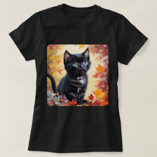 Black Kitten Autumn Scene T_Shirt