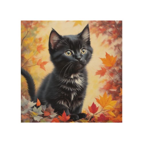 Black Kitten Autumn Scene Wood Wall Art