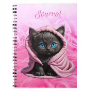 Black Kitten Blue Eyes Pink Blanket Notebook