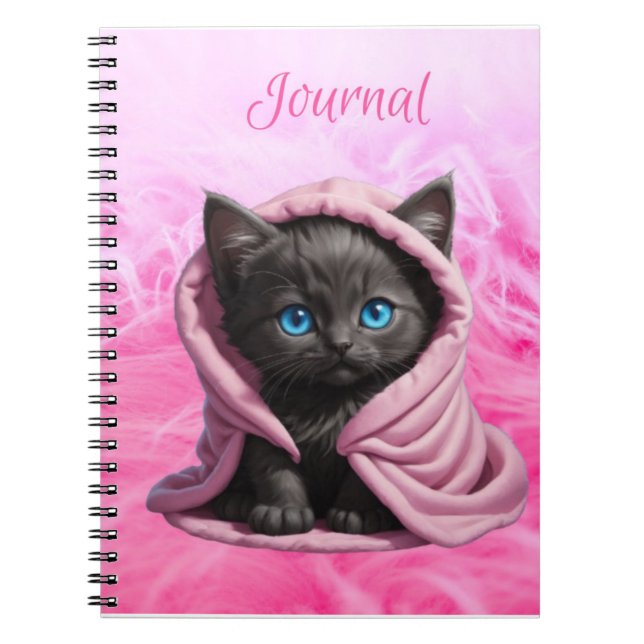 Black Kitten Blue Eyes Pink Blanket Notebook (Front)