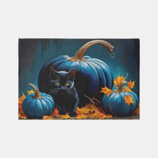 Black Kitten/Blue Moon Pumpkins Autumn Leaves Rug