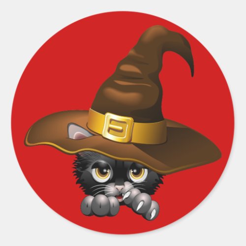 Black Kitten Cartoon With Witch Hat Classic Round Sticker