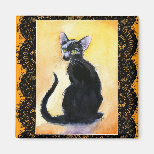 Black kitten cat, lace, orange magnet (Front)