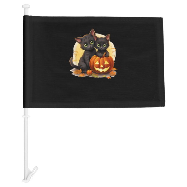 Black Kitten Cats Pumpkin Halloween Jack O Lantern Car Flag (Front)
