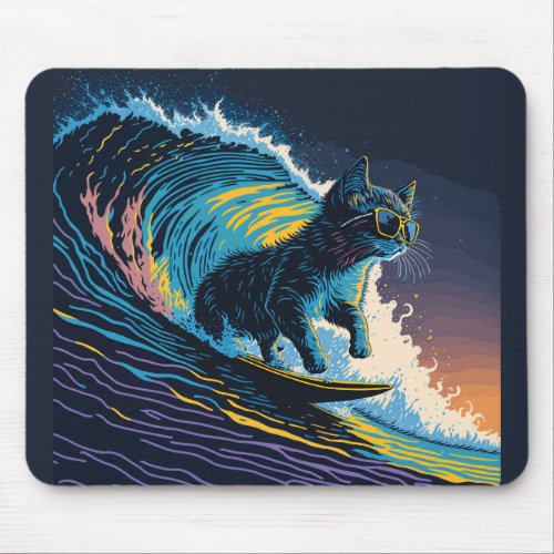 Black Kitten Dawn Surfing Mouse Pad