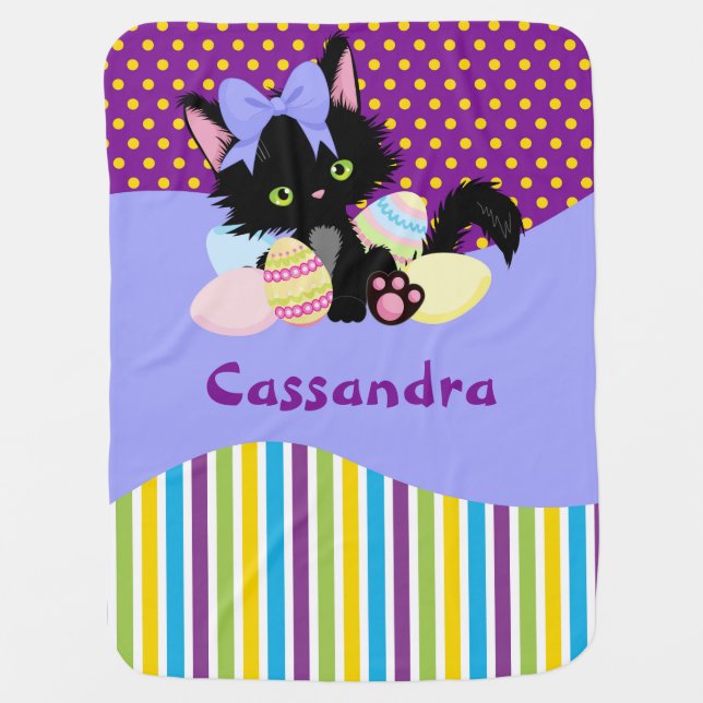 Black Kitten Easter Egg Dots and Stripes   Baby Blanket (Front)