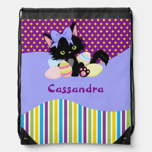 Black Kitten Easter Egg Dots and Stripes      Drawstring Bag