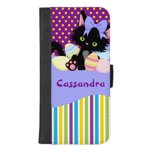 Black Kitten Easter Egg Dots and Stripes     iPhone 87 Plus Wallet Case