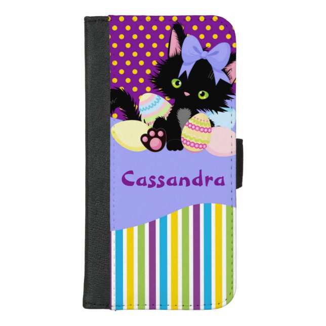 Black Kitten Easter Egg Dots and Stripes     iPhone Wallet Case (Front)