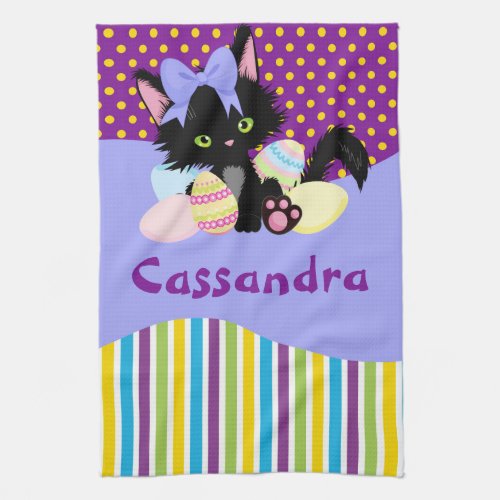 Black Kitten Easter Egg Dots and Stripes   Kitchen Towel