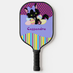 Black Kitten Easter Egg Dots and Stripes Pickleball Paddle