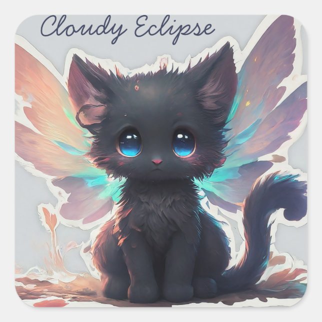 Black Kitten Fairy Square Sticker (Front)