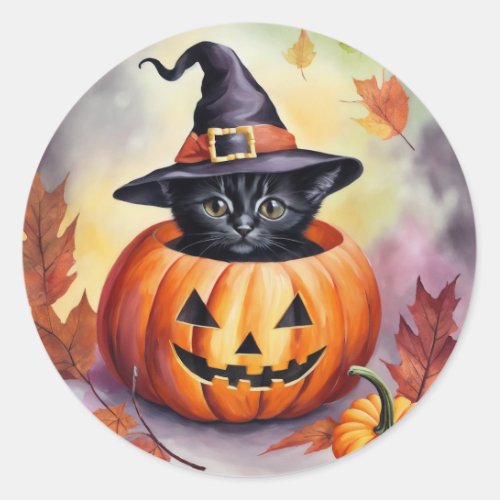 Black Kitten Halloween Pumpkin Witch Hat Classic Round Sticker