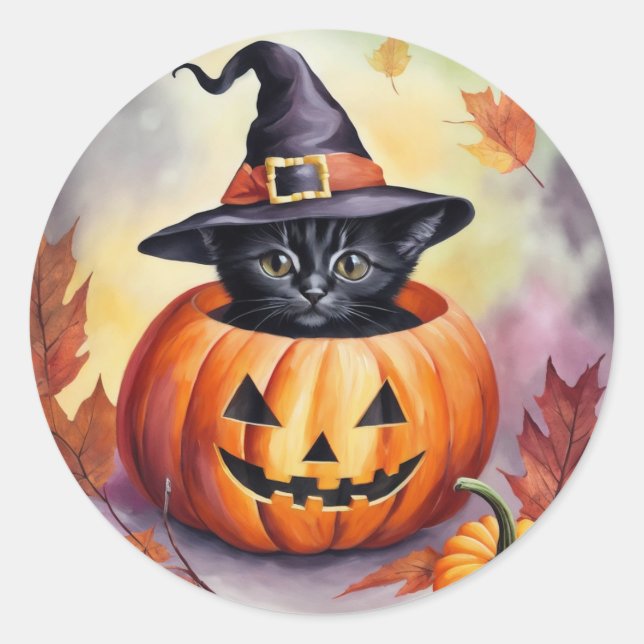 Black Kitten Halloween Pumpkin Witch Hat Classic Round Sticker (Front)