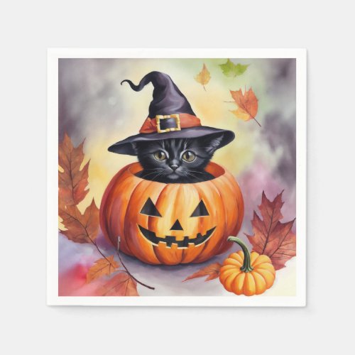 Black Kitten Halloween Pumpkin Witch Hat Napkins