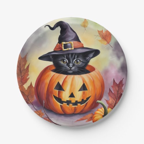 Black Kitten Halloween Pumpkin Witch Hat Paper Plates