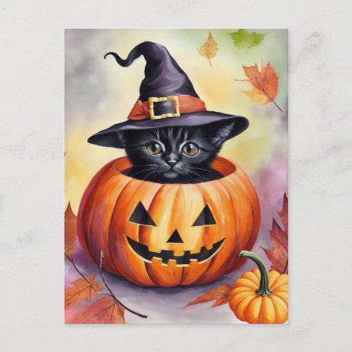 Black Kitten Halloween Pumpkin Witch Hat Postcard