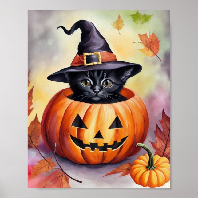 Black Kitten Halloween Pumpkin Witch Hat Poster (Front)
