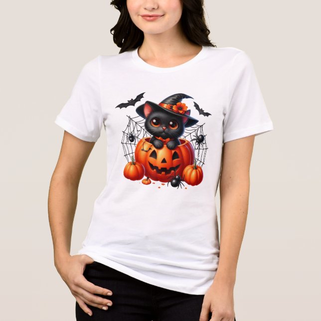 Black Kitten in a Halloween Pumpkin Tri-Blend Shirt (Front)
