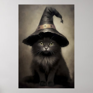 Black kitten in a witch's hat print, halloween cat poster