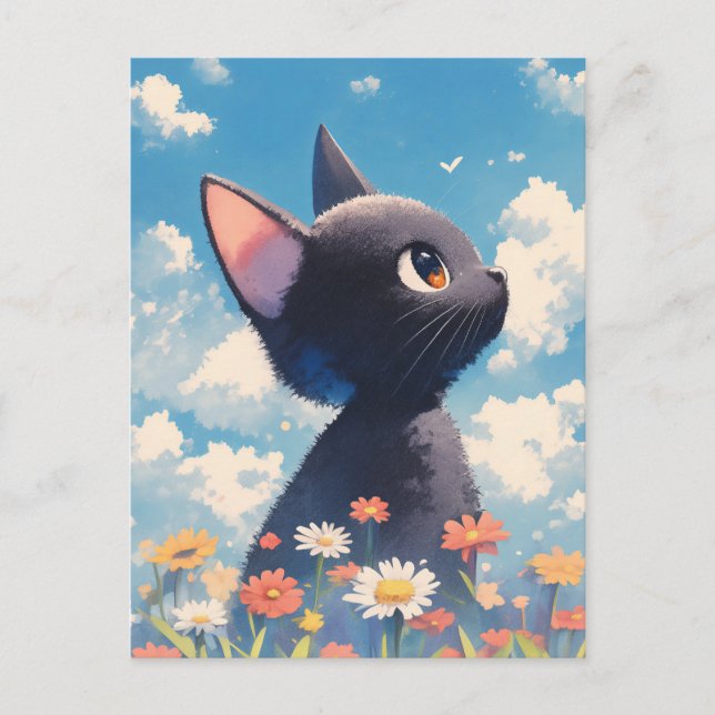 Black Kitten in Daisy Wildflower Summer Meadow Postcard (Front)
