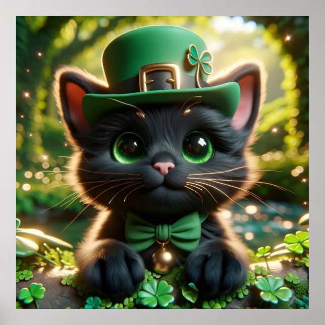 Black Kitten in Green St. Patrick's Day Attire Framed Art (Front)
