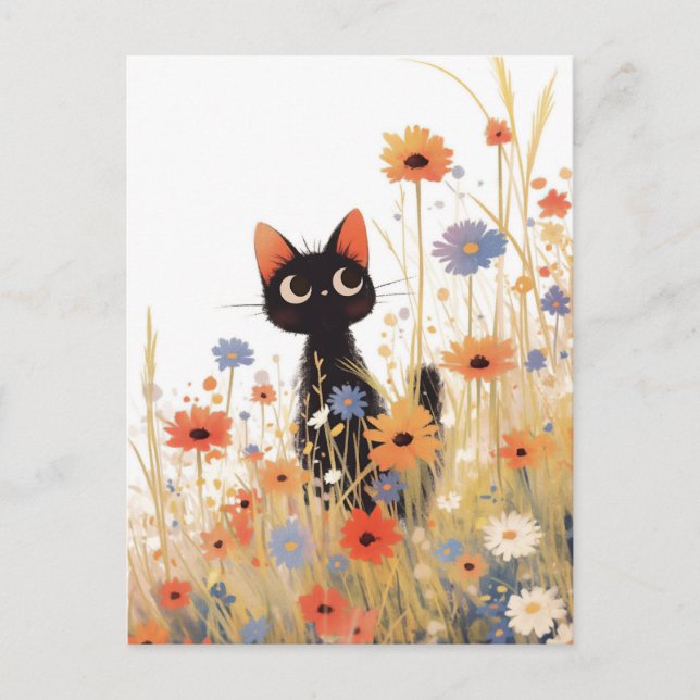 Black Kitten in Orange and Blue Wildflower Meadow Postcard (Front)