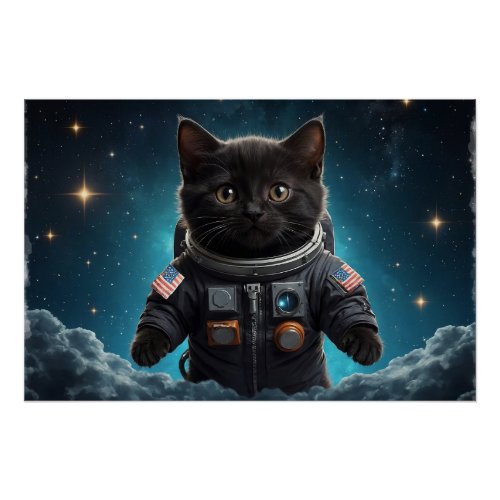 Black Kitten in Space Poster