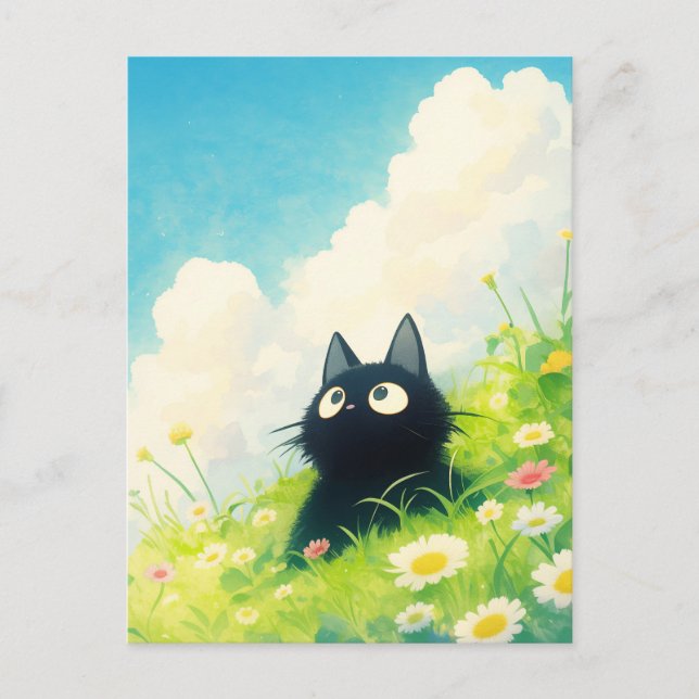 Black Kitten in Sunny Daisy Wildflower Meadow Postcard (Front)