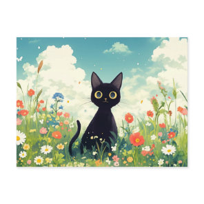 Black Kitten in Sunny Wildflower Summer Meadow Postcard