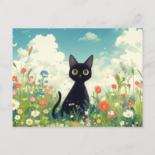 Black Kitten in Sunny Wildflower Summer Meadow Postcard