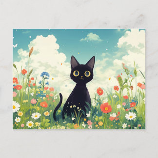 Black Kitten in Sunny Wildflower Summer Meadow Postcard