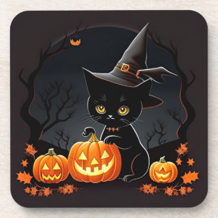 Black Kitten in Witch Hat Amid Halloween Pumpkins Beverage Coaster