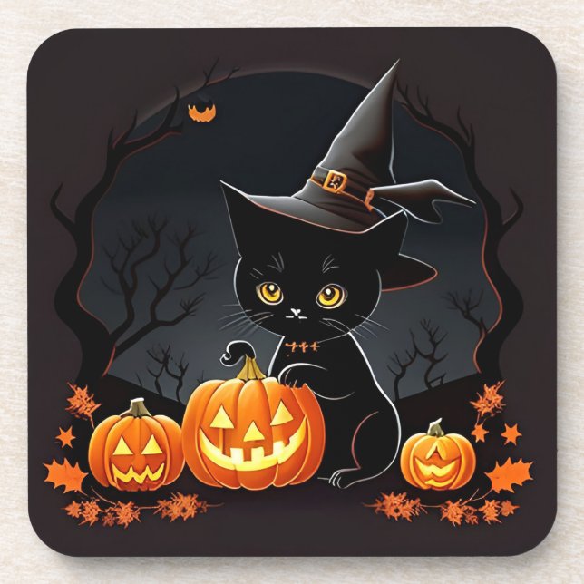 Black Kitten in Witch Hat Amid Halloween Pumpkins Beverage Coaster (Front)