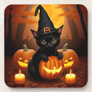Black Kitten in Witch Hat Amid Halloween Pumpkins Beverage Coaster