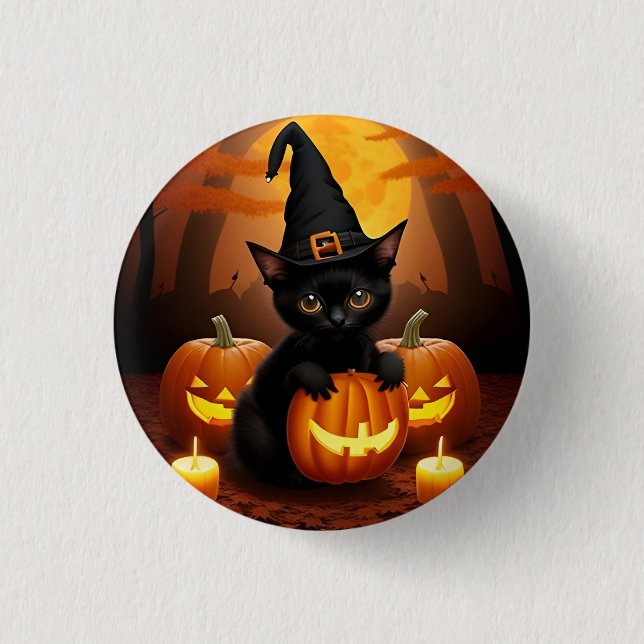 Black Kitten in Witch Hat Amid Halloween Pumpkins Button (Front)