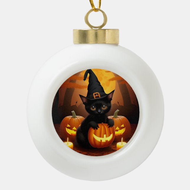Black Kitten in Witch Hat Amid Halloween Pumpkins Ceramic Ball Christmas Ornament (Front)