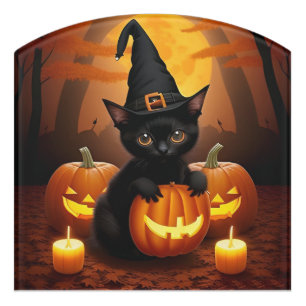 Black Kitten in Witch Hat Amid Halloween Pumpkins Door Sign