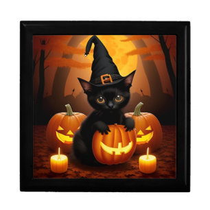 Black Kitten in Witch Hat Amid Halloween Pumpkins Gift Box