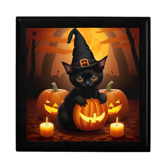 Black Kitten in Witch Hat Amid Halloween Pumpkins Gift Box (Front)
