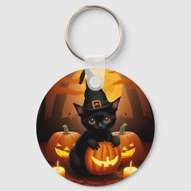 Black Kitten in Witch Hat Amid Halloween Pumpkins Keychain (Front)