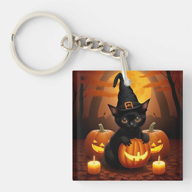 Black Kitten in Witch Hat Amid Halloween Pumpkins Keychain (Front)