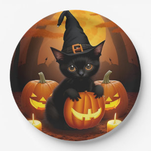 Black Kitten in Witch Hat Amid Halloween Pumpkins Paper Plates