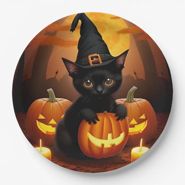 Black Kitten in Witch Hat Amid Halloween Pumpkins Paper Plates (Front)