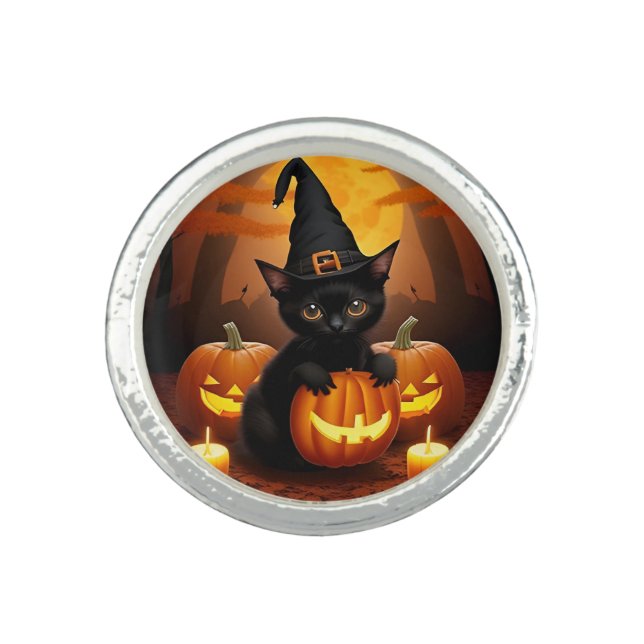 Black Kitten in Witch Hat Amid Halloween Pumpkins Ring (Front)