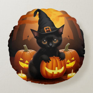 Black Kitten in Witch Hat Amid Halloween Pumpkins Round Pillow