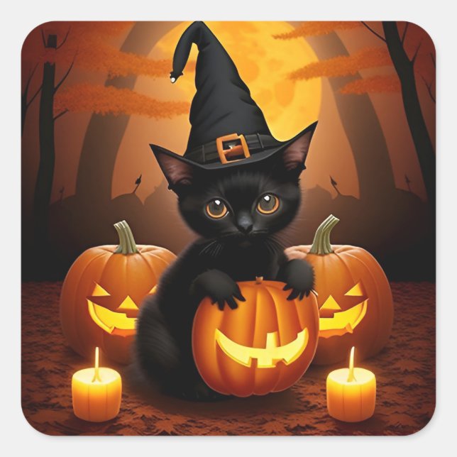 Black Kitten in Witch Hat Amid Halloween Pumpkins Square Sticker (Front)